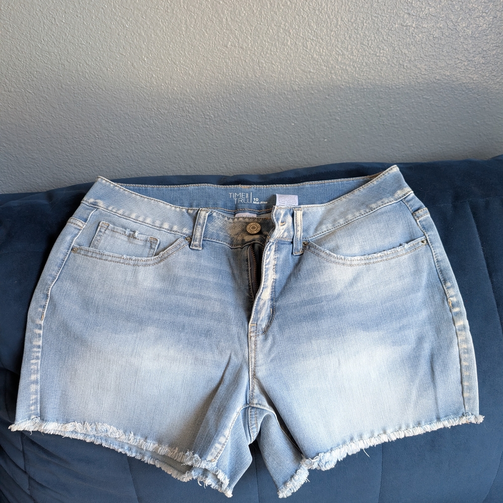 Time and Tru Blue Jean Shorts with Distressed Look